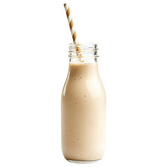 Delicious Smoothie in a Classic Bottle: A refreshing smoothie, in a vintage bottle, with a striped straw, inviting a taste of creamy goodness and simple elegance. 