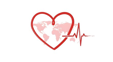 Red heart with world map inside and electrocardiogram line, isolated on white background