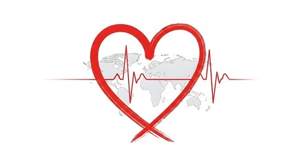 Red heart with electrocardiogram line and world map, isolated on white background
