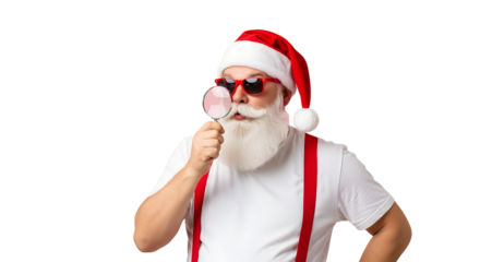 Intrigued Santa Claus uses a magnifying glass to closely examine a festive mystery, embodying holiday spirit and playful investigation against a clean, white backdrop