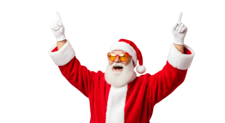 Jolly Santa Claus, with a spirited pose and cool heart sunglasses, joyfully raises his hands, ready to whisk a burst of festive cheer into the holiday season
