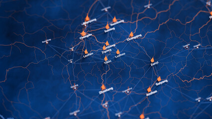 Yibin map big data visualization. Futuristic map infographic of city in China. Visual map data complexity in modern blue and orange colors
