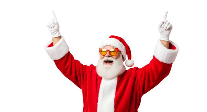Jolly Santa Claus, with a spirited pose and cool heart sunglasses, joyfully raises his hands, ready to whisk a burst of festive cheer into the holiday season