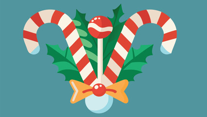 Candy canes with lollipop and bow on teal background with holly leaves Christmas