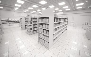 3D white blank supermarket cleaning products gondola end render © Neo3Design