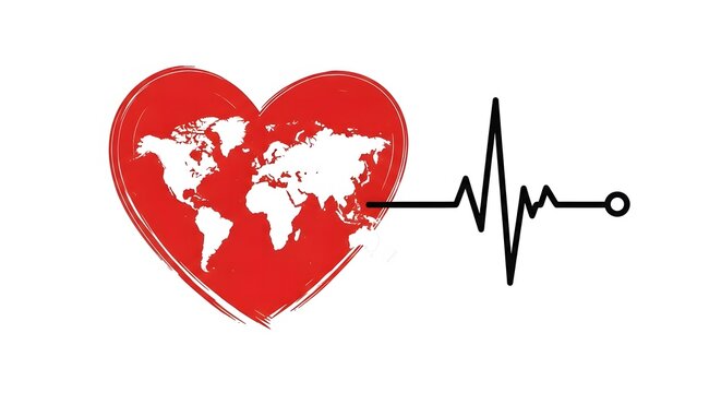 Red heart with world map inside and electrocardiogram line, isolated on white background - Powered by Adobe