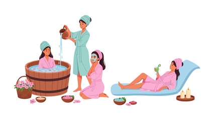 Relaxing spa day with women enjoying a warm bath massage and refreshing drinks in a serene and tranquil wellness environment