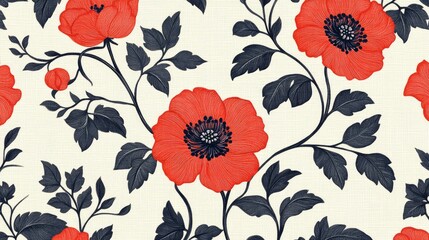A vibrant floral pattern displays large, detailed poppies in crimson red, contrasted by deep navy foliage, against a creamy-off-white background.