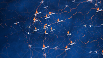 Luzhou map big data visualization. Futuristic map infographic of city in China. Visual map data complexity in modern blue and orange colors