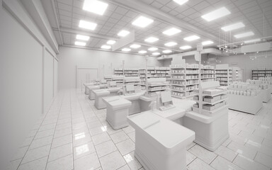 3D white blank supermarket checkout tills render