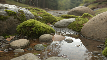 Mossy Stones and Stream in Forest, Close-Up