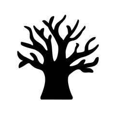 Silhouette of a bare tree without leaves against a white background