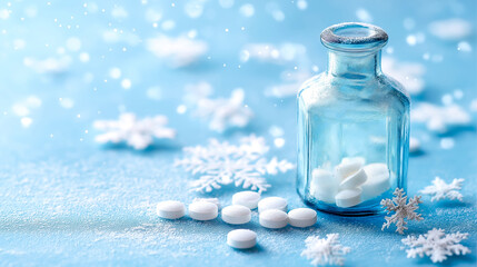 Blue glass bottle with white pills and snowflakes on a light blu