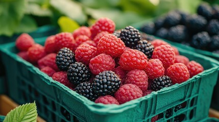 Freshly picked raspberries and blackberries fill a vibrant green container.