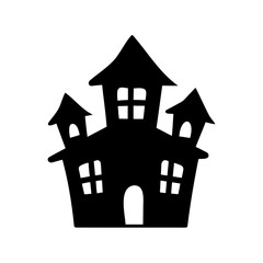 Black and white silhouette of a spooky haunted house for Halloween season