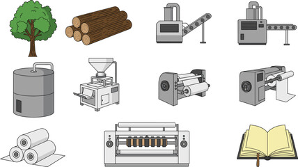 Industrial Paper Manufacturing Process from Tree to Book – Pulping, Refining, Rolling, Drying, Packaging – Educational Vector Illustration for Sustainability © Creative Mind