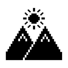 Pixelated mountain peaks silhouette under a radiant sun
