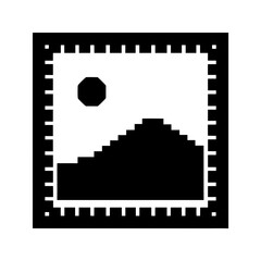 Pixelated landscape scene with sun and mountains silhouette