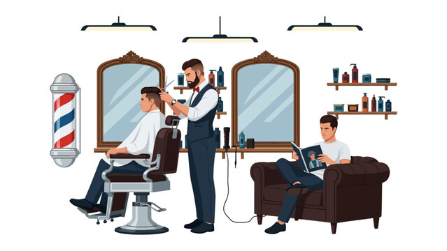 Skilled barber meticulously cuts client s hair in a vintage barbershop with ornate mirrors and barber pole while another client waits reading a magazine