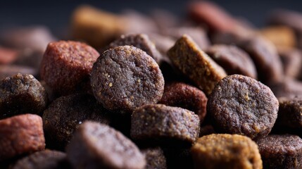 Grain-free pet food pellets with visible meat pieces