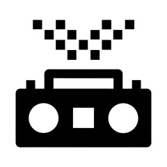 Retro boombox silhouette with pixelated sound waves silhouette