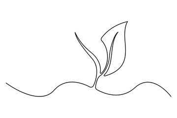 Minimalist single line sprout with leaves growing plant outline art vector for nature concept
