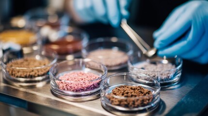 Quality control testing pet food samples on laboratory dishes