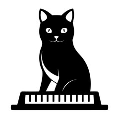Black cat sitting on a piano keyboard silhouette
