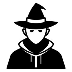 Mysterious figure wearing a pointed hat and hooded jacket silhouette