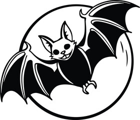 Silhouette of a bat flying across a full moon with a starry night sky background isolated on white background isolated on transparent background