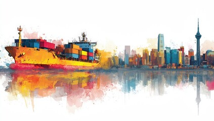 Obraz premium Watercolor cityscape with cargo ship