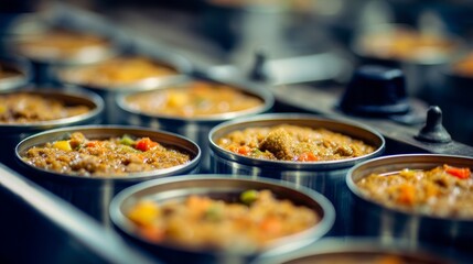 Wet pet food being portioned into aluminum cans. Industrial food production line