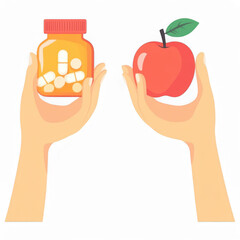 Choice of Pills or Fresh Apple: A person holds a bottle of pills in one hand and a fresh apple in the other, symbolizing the age-old dilemma of health choices in a visual.