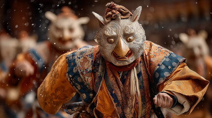 Masked Dance Performance at Thimphu Tshechu Festival &ndash; Sacred Bhutanese Cham Dance with Animal Mask, Tradition, Culture, Spiritual Ritual and Celebration