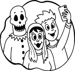 Happy ghost family posing for a spooky selfie with a haunted house and moon in the background isolated on white background isolated on transparent background