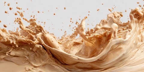 Light beige liquid splashes against a gray background