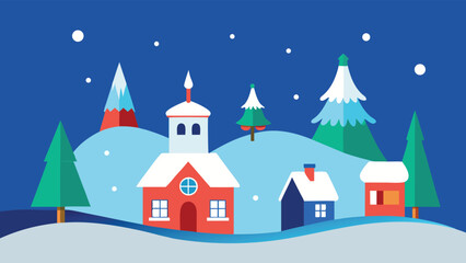 Fototapeta premium Flat design cartoon winter village with snow covered houses and trees vector illustration