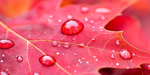 Fototapeta premium Close up of dew drops on a vibrant red autumn leaf showcasing intricate veins and natural textures