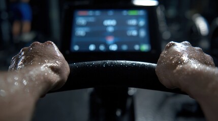 First-Person View of Hands Gripping Rowing Machine with Display Screen