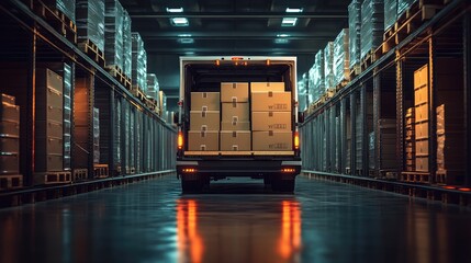A loaded delivery van pulls through a vast warehouse filled with stacked boxes, creating a dynamic and organized scene.