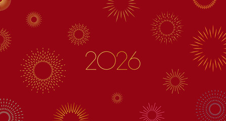 New Year 2026 greeting with firework bursts, festive mood. New Year's greeting for 2026. Holiday card, banner, invitation, marketing template. A festive design symbolizing celebration. Flat