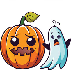 A fun cartoon Halloween pumpkin with a happy, smiling face and a green stem is isolated on a white background