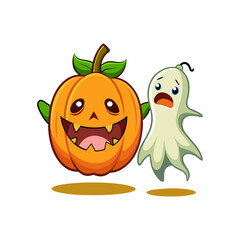 Cute cartoon halloween pumpkin and sad ghost characters with expressive faces isolated on white background isolated on transparent background