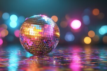 Disco or mirror ball with rainbow on colorful dark background with lights and sparkles copy space. Music and dance party background. Trendy party symbol. Abstract retro 80s and 90s concept