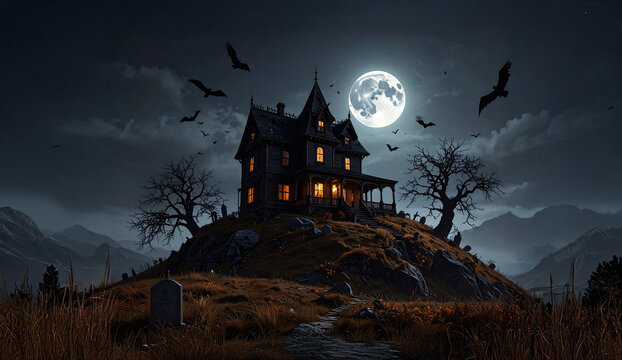 Uma casa de madeira assustadora dentro de um cemit&eacute;rio no topo de uma colina em noite de lua cheia. Halloween.