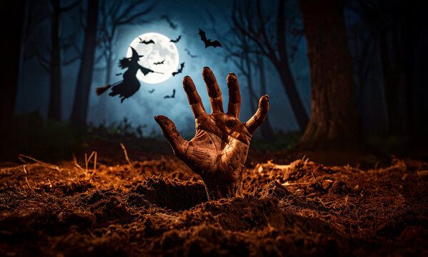 M&atilde;o saindo de baixo da terra em um cemit&eacute;rio no meio da floresta em noite de lua cheia. Bruxa voando ao fundo.