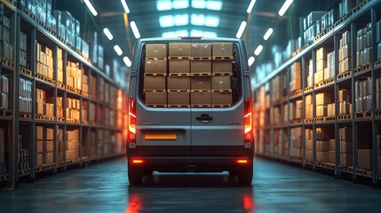 A gray delivery van is loaded with boxes inside a large warehouse, showcasing efficient logistics.