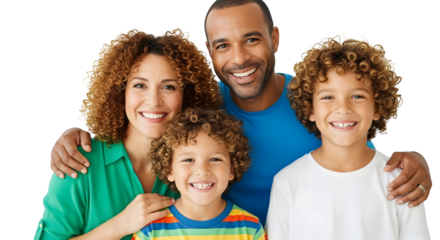Joyful diverse family portrait capturing a moment of pure happiness and togetherness, smiling brightly for a studio photograph on a clean background