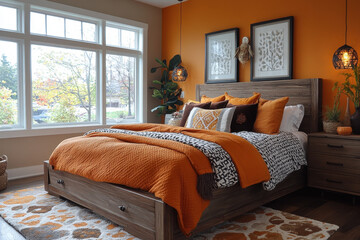 Obraz premium Cow rug on bedroom floor next to a bed.