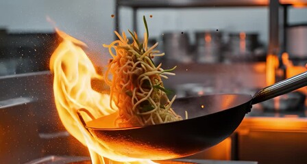 The art of wok cooking a fiery display of culinary expertise with noodles and vegetables tossed in a wok amidst a burst of flames animated 4k video